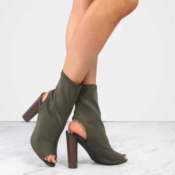 Cape Robbin Shoes - Cape Robbin Olive Connie-3 Peep Toe & Heel Lycra Elastic Bootie-SZ 6.5
